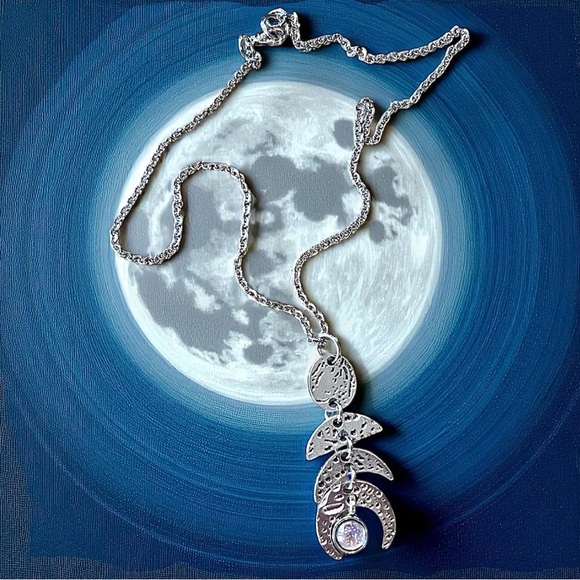 Silver toned Crescent Moon Phases Pendant Necklace Choker 15.5” - Picture 13 of 17